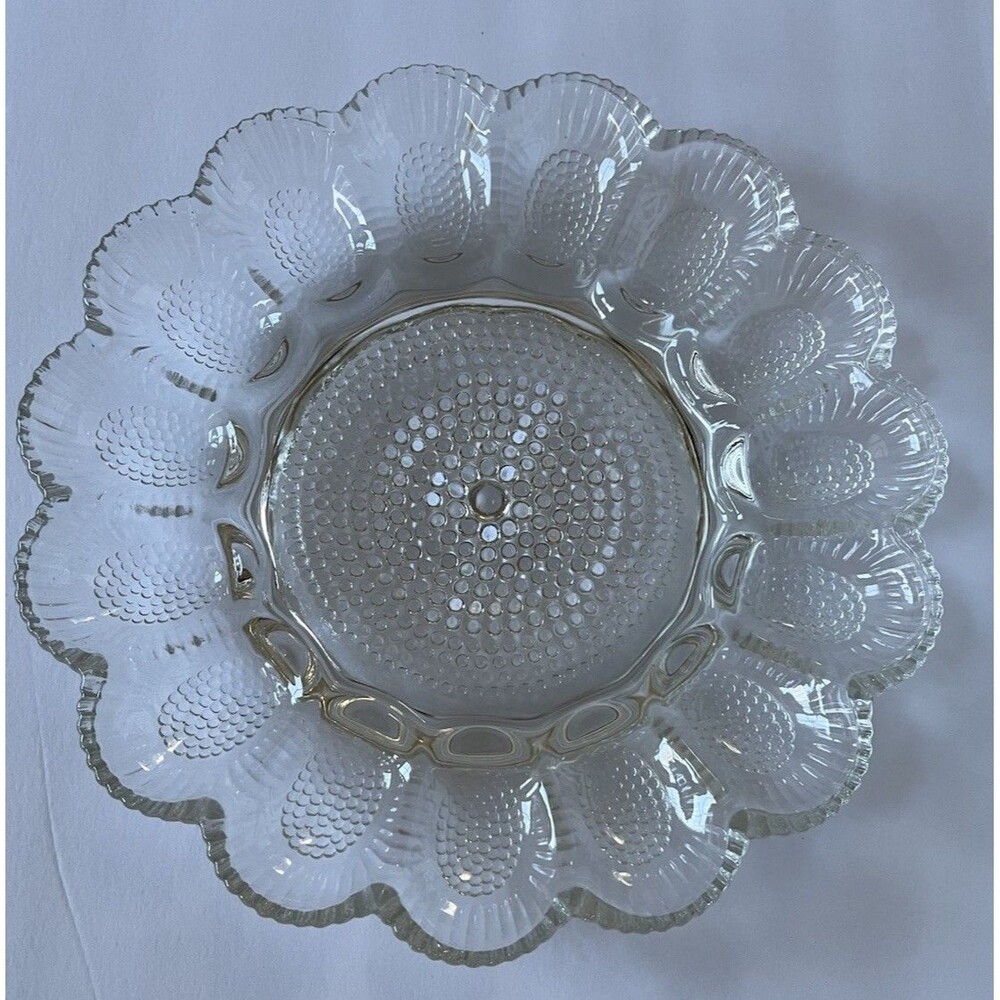 Indiana Glass Hobnail Scalloped Deviled Egg Platter 15 Slot Serving Tray Vintage
